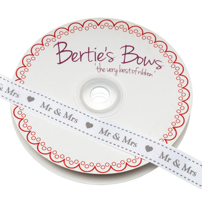 Bertie's Bows Grosgrain Mr and Mrs printed ribbon in silver, cream or white