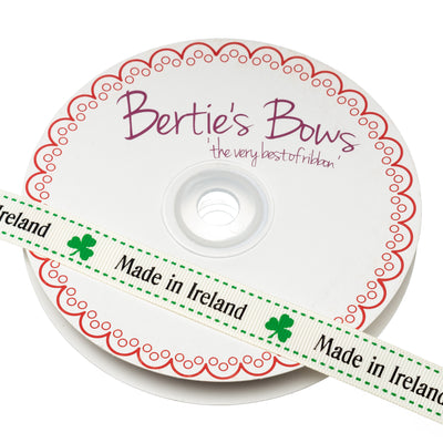 Bertie's Bows printed grosgrain ribbon with 'made in Ireland' and green shamrock clover design.