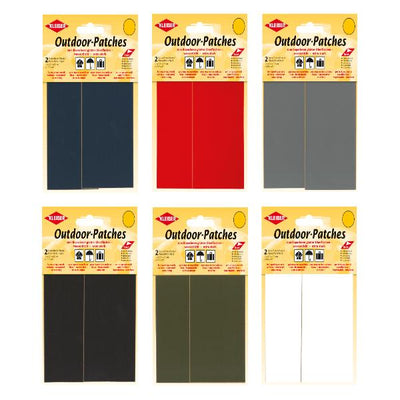 Kleiber Outdoor Self Adhesive Repair / Mending Patches in red, olive green, light grey, black, navy blue and white.