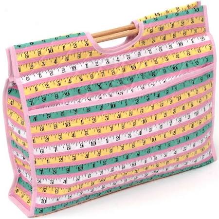 Wooden Handles Craft Bag in pink, blue and yellow Tape Measure print